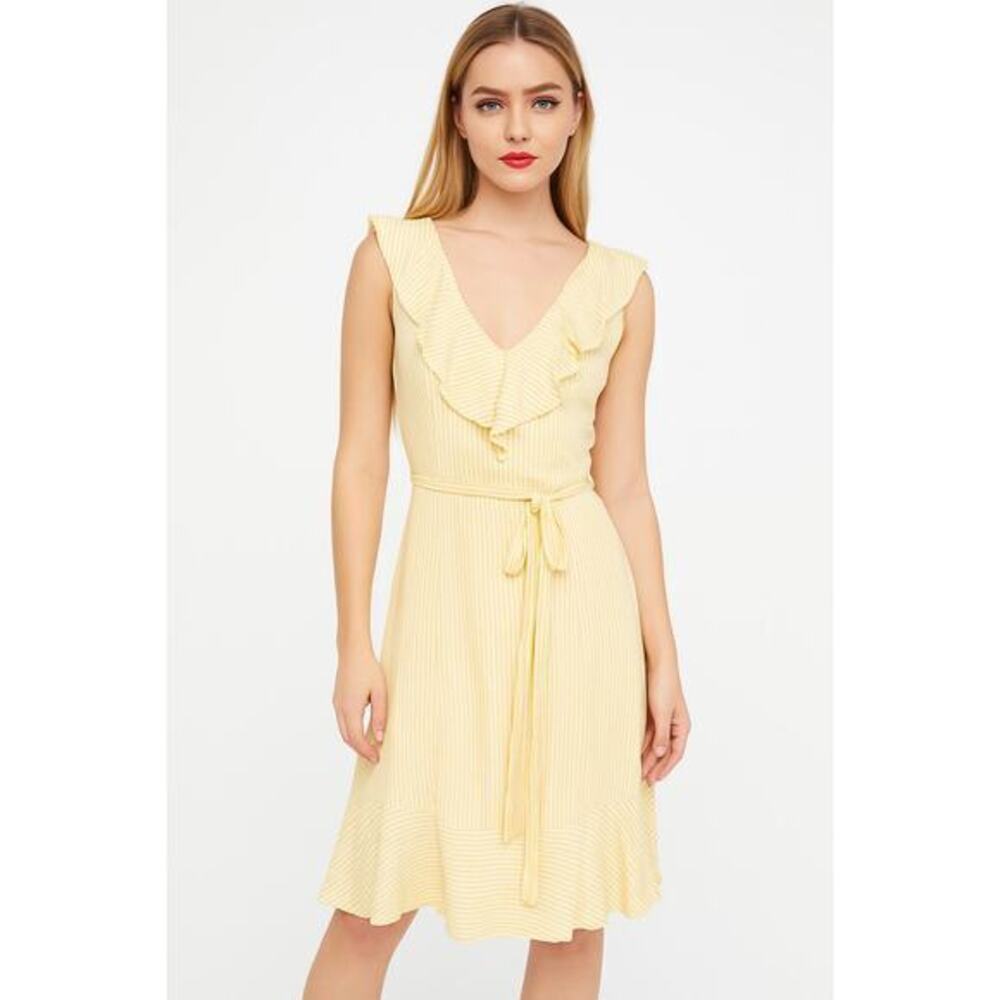 RW&CO Yellow and White Ruffle Sleeveless‎ Striped Dress Size XS